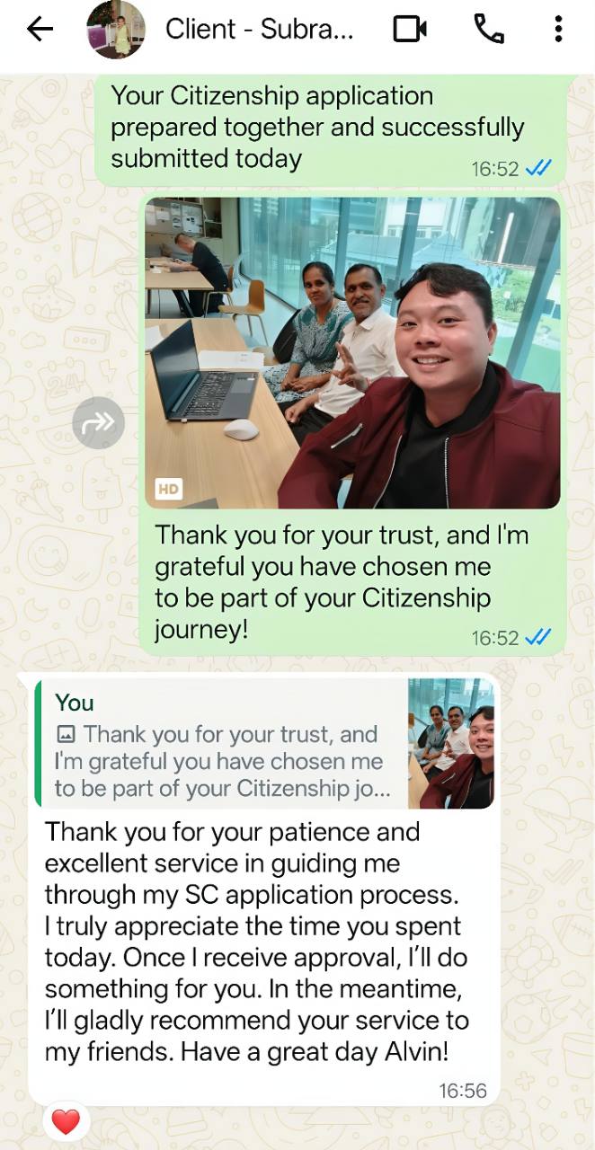 WhatsApp feedback thanking Alvin for his patience and guidance through a Singapore Citizenship application.