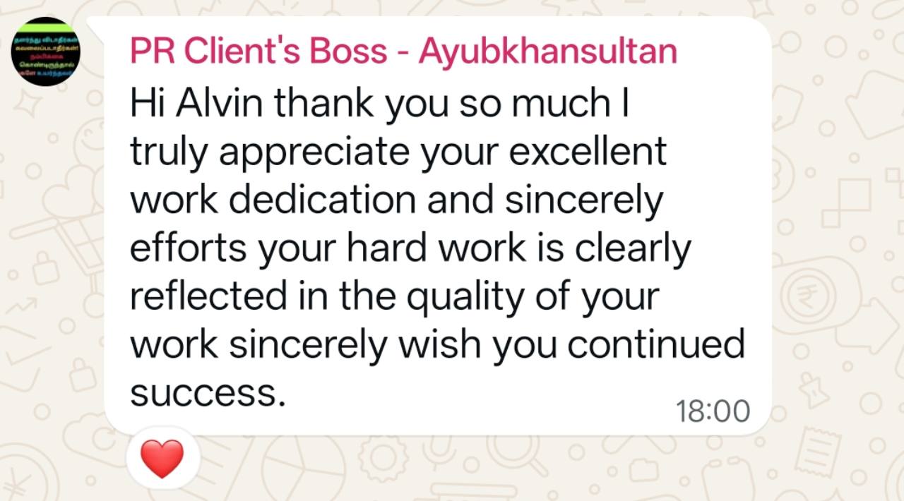 Original WhatsApp message from a PR client's employer commending Alvin's dedication and quality of work.