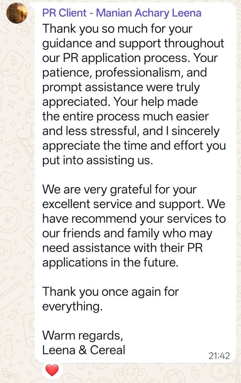 Original WhatsApp testimonial from a PR family client describing Alvin as patient, professional and prompt.
